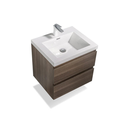 TONA Angela 24" White & Gray Oak Wall-Mounted Bathroom Vanity With Faux Marble Integrated Top & Single Sink