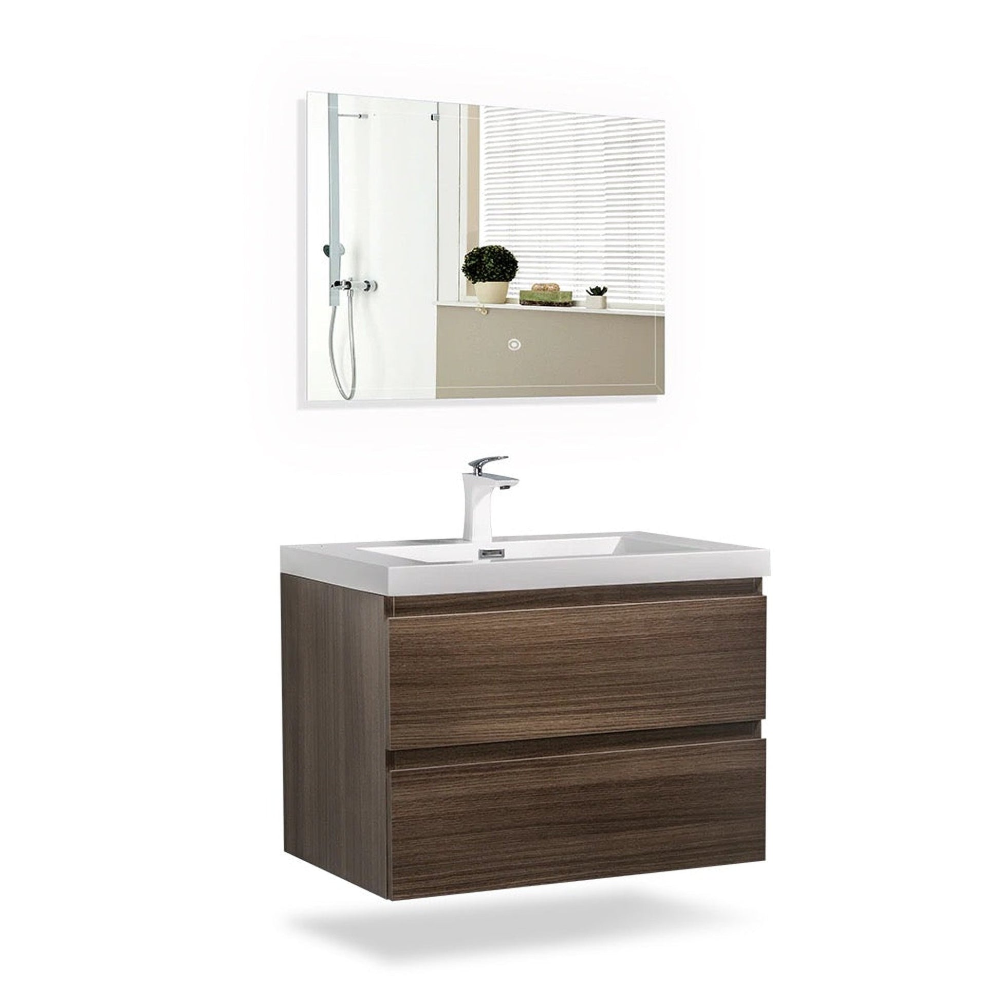 TONA Angela 30" White & Gray Oak Wall-Mounted Bathroom Vanity With Faux Marble Integrated Top & Single Sink