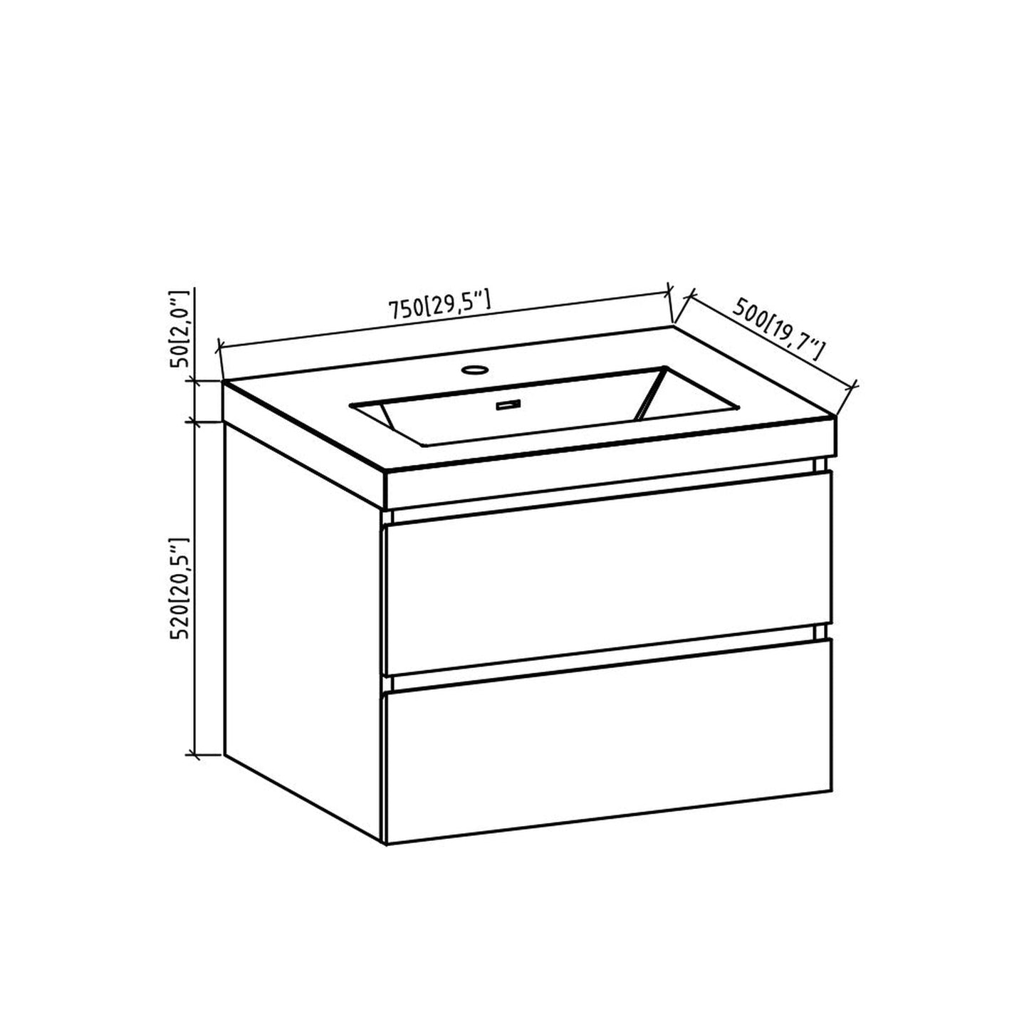 TONA Angela 30" White & Gray Oak Wall-Mounted Bathroom Vanity With Faux Marble Integrated Top & Single Sink