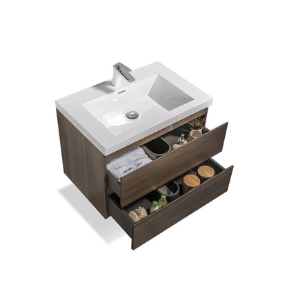 TONA Angela 30" White & Gray Oak Wall-Mounted Bathroom Vanity With Faux Marble Integrated Top & Single Sink