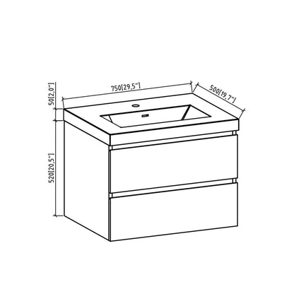 TONA Angela 30" White Wall-Mounted Bathroom Vanity With Faux Marble Integrated Top & Single Sink