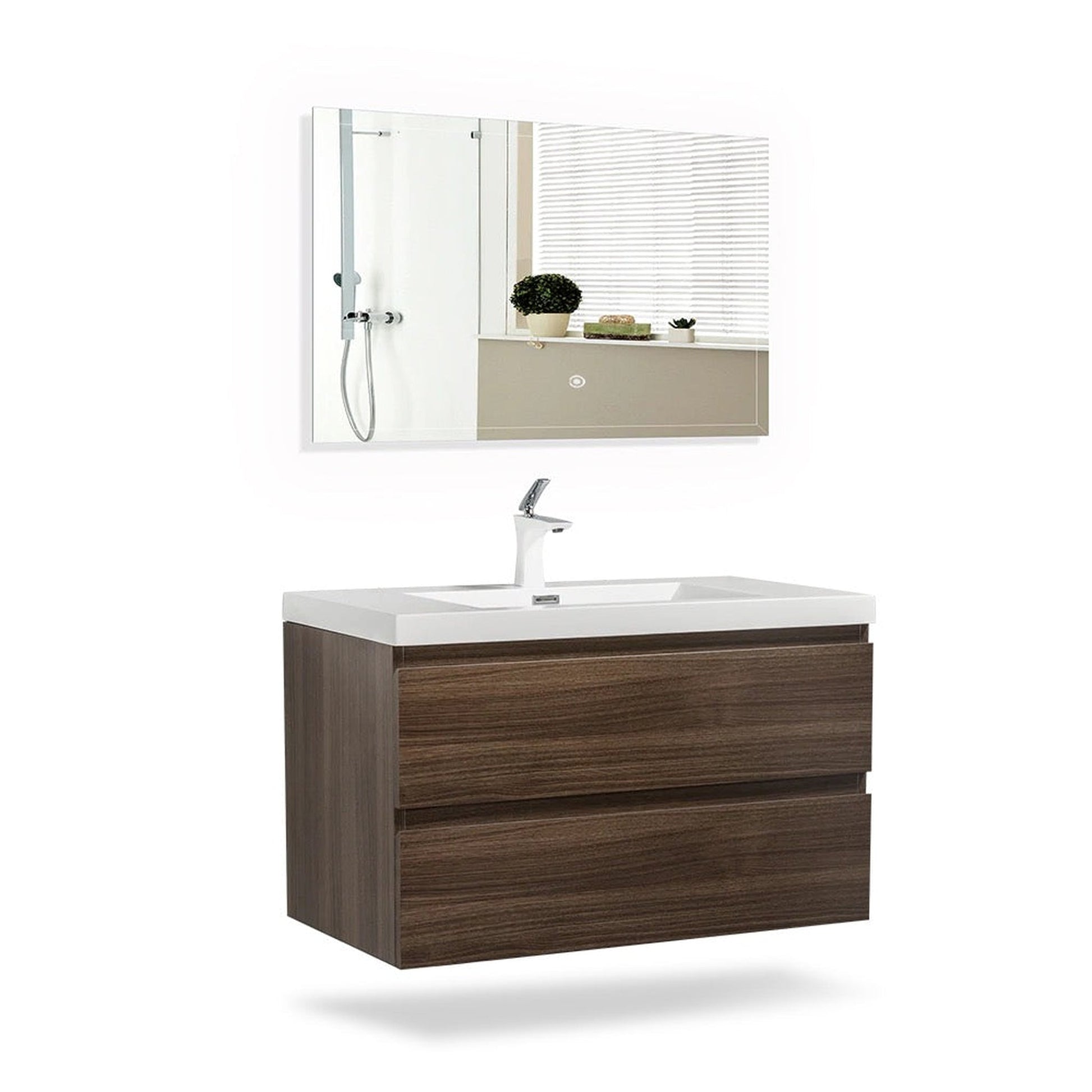 TONA Angela 36" White & Gray Oak Wall-Mounted Bathroom Vanity With Faux Marble Integrated Top & Single Sink
