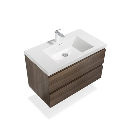 TONA Angela 36" White & Gray Oak Wall-Mounted Bathroom Vanity With Faux Marble Integrated Top & Single Sink