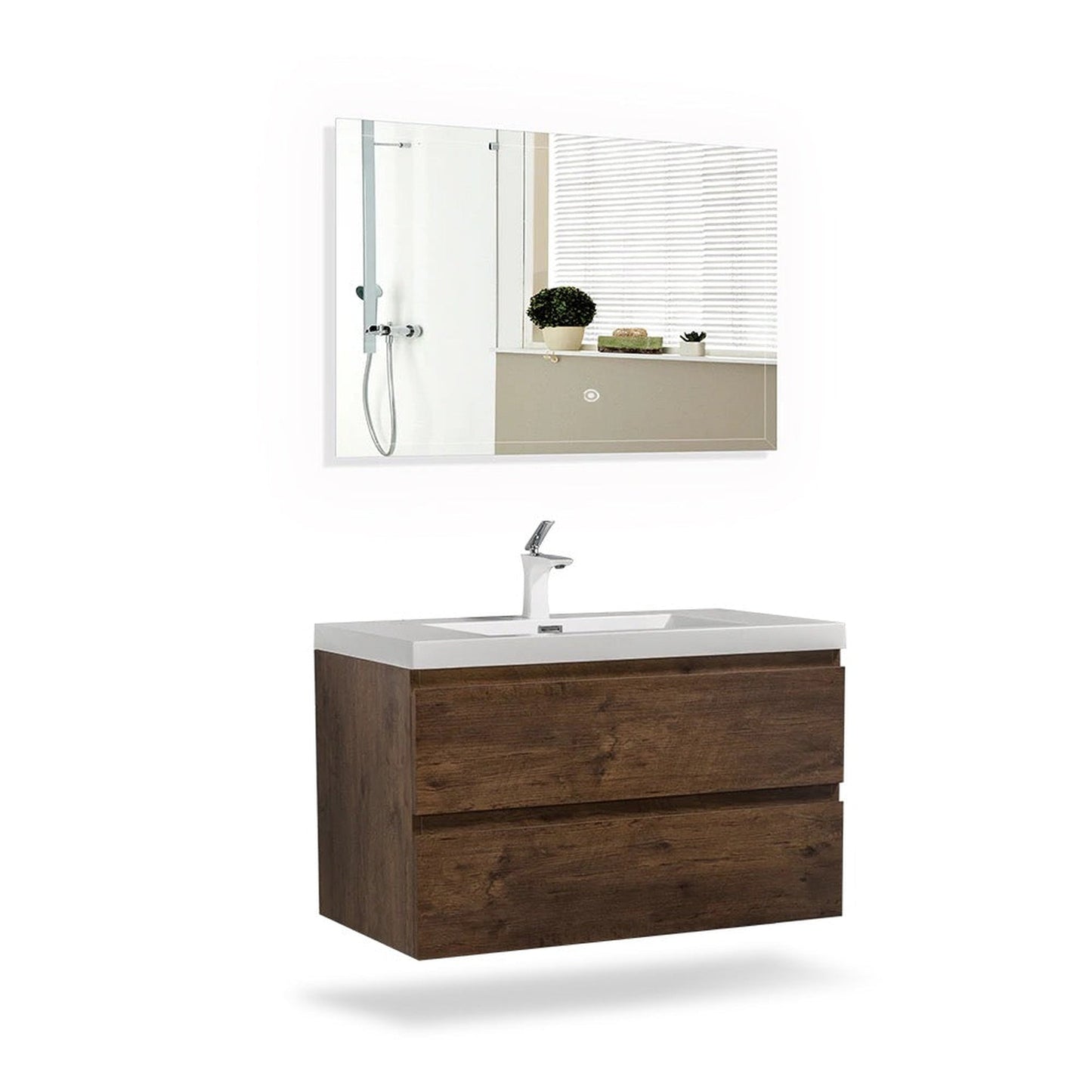 TONA Angela 36" White & Rose Wood Wall-Mounted Bathroom Vanity With Faux Marble Integrated Top & Single Sink