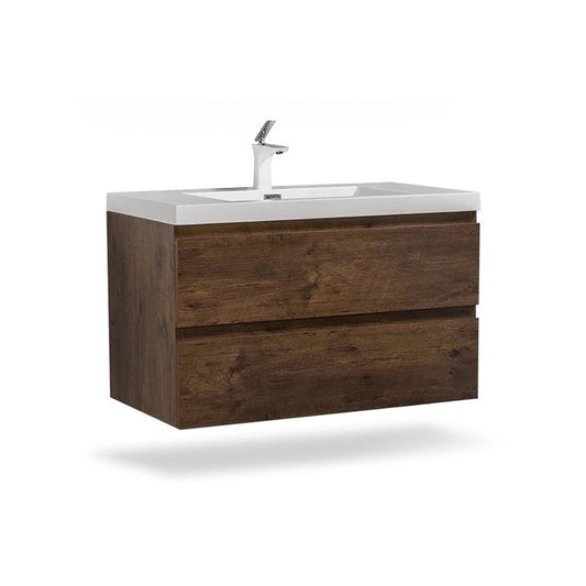 TONA Angela 36" White & Rose Wood Wall-Mounted Bathroom Vanity With Faux Marble Integrated Top & Single Sink