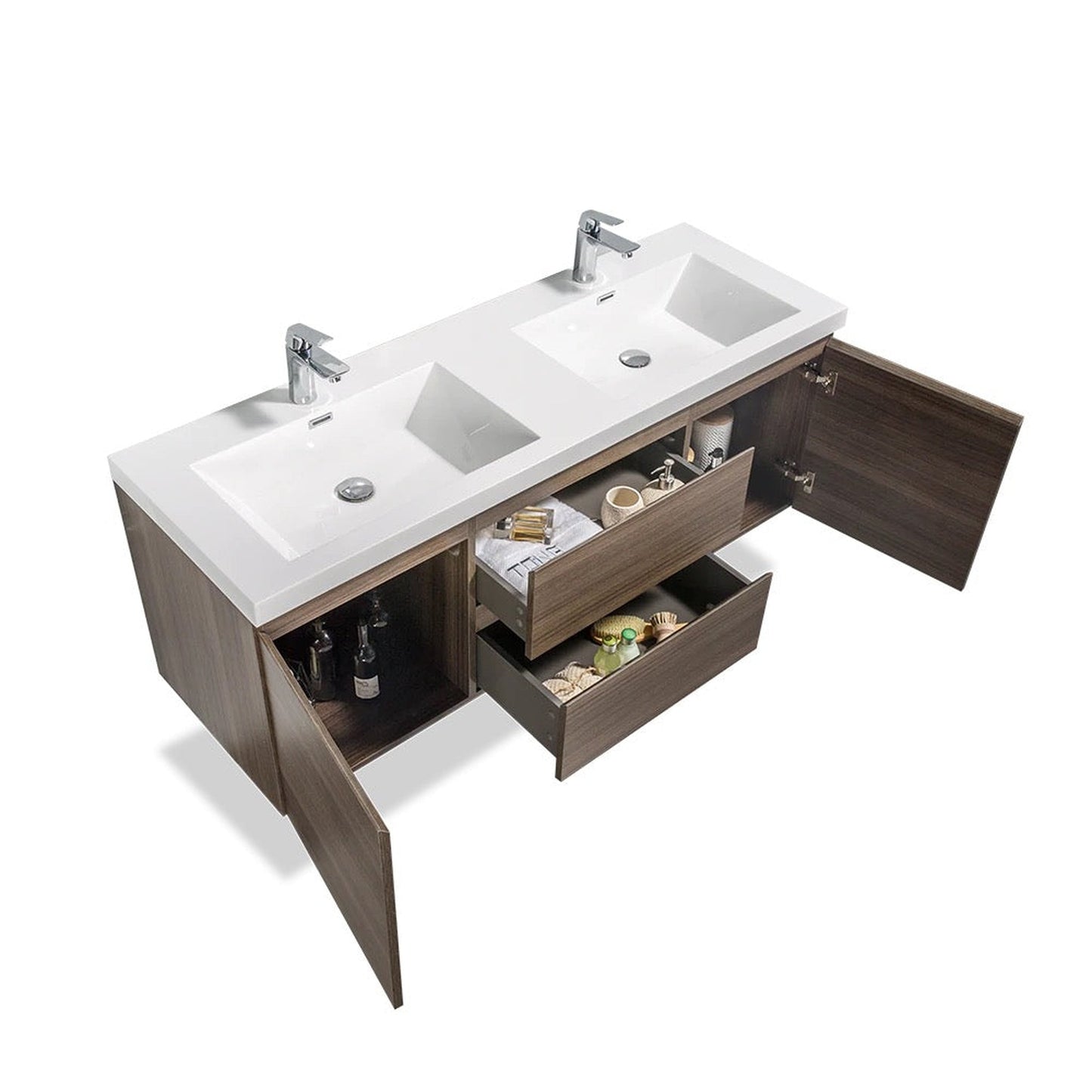 TONA Angela 48" White & Gray Oak Wall-Mounted Bathroom Vanity With Faux Marble Integrated Top & Double Sink