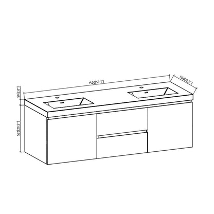 TONA Angela 48" White & Gray Oak Wall-Mounted Bathroom Vanity With Faux Marble Integrated Top & Double Sink