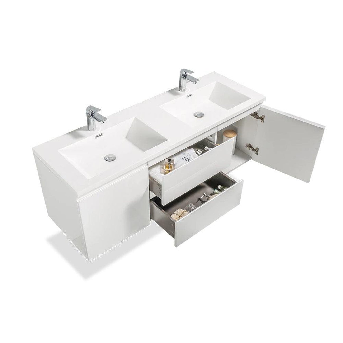 TONA Angela 48" White Wall-Mounted Bathroom Vanity With Faux Marble Integrated Top & Double Sink
