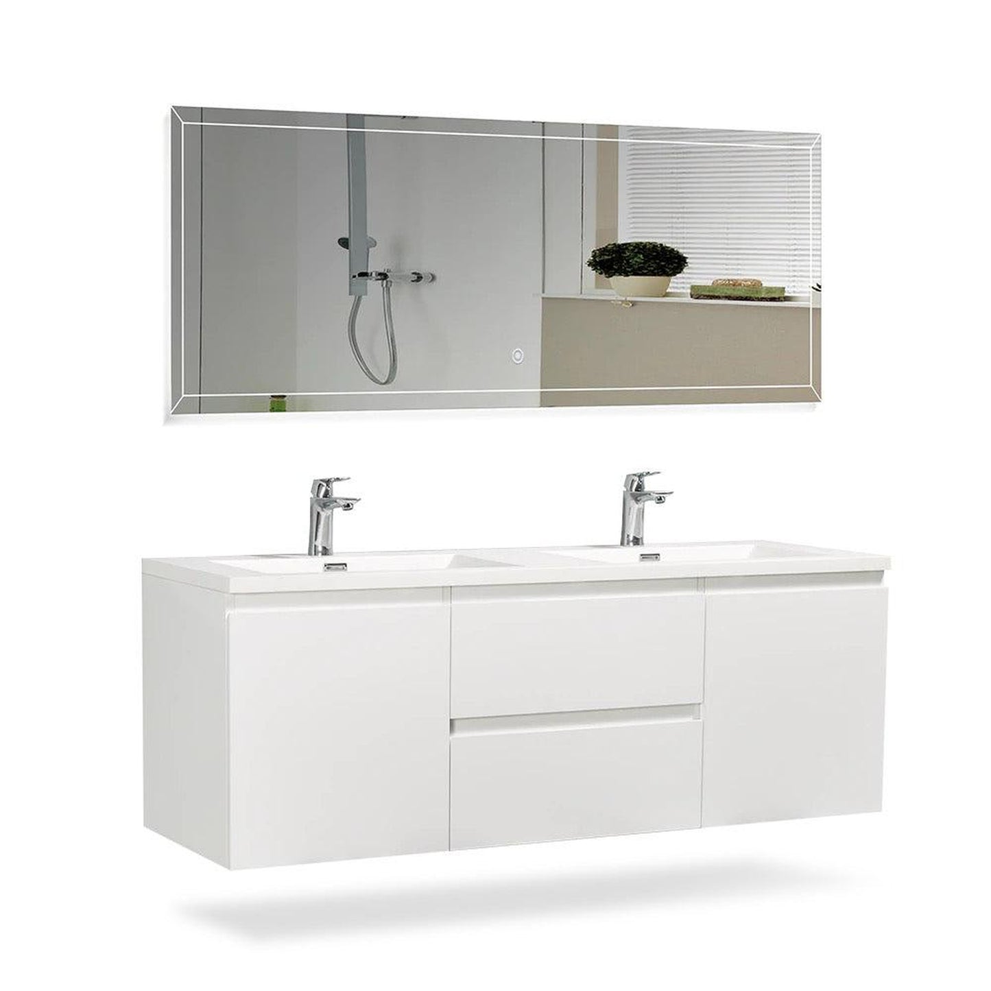 TONA Angela 48" White Wall-Mounted Bathroom Vanity With Faux Marble Integrated Top & Double Sink