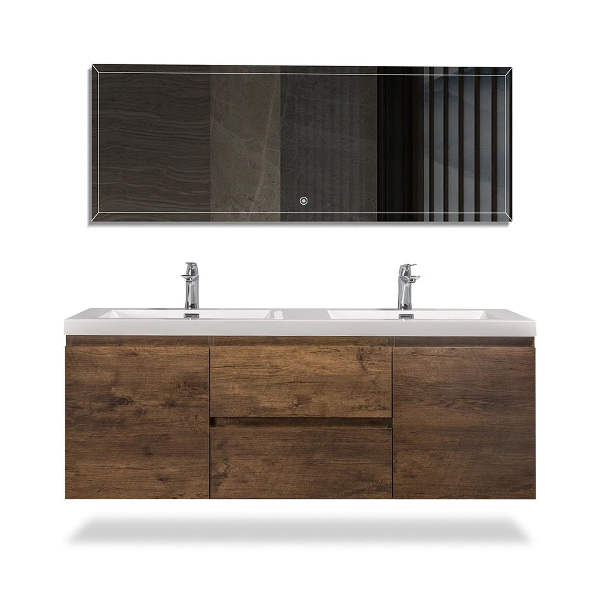 TONA Angela 60" White & Rose Wood Wall-Mounted Bathroom Vanity With Faux Marble Integrated Top & Double Sink