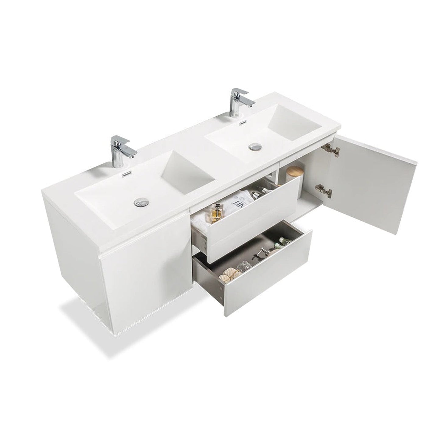TONA Angela 60" White Wall-Mounted Bathroom Vanity With Faux Marble Integrated Top & Double Sink