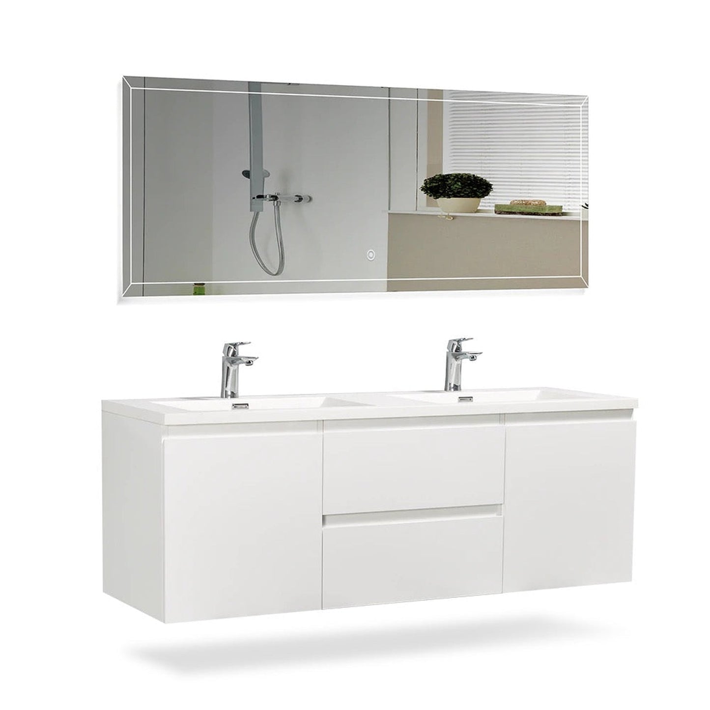 TONA Angela 60" White Wall-Mounted Bathroom Vanity With Faux Marble Integrated Top & Double Sink