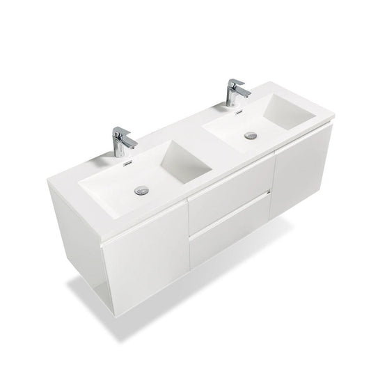 TONA Angela 60" White Wall-Mounted Bathroom Vanity With Faux Marble Integrated Top & Double Sink