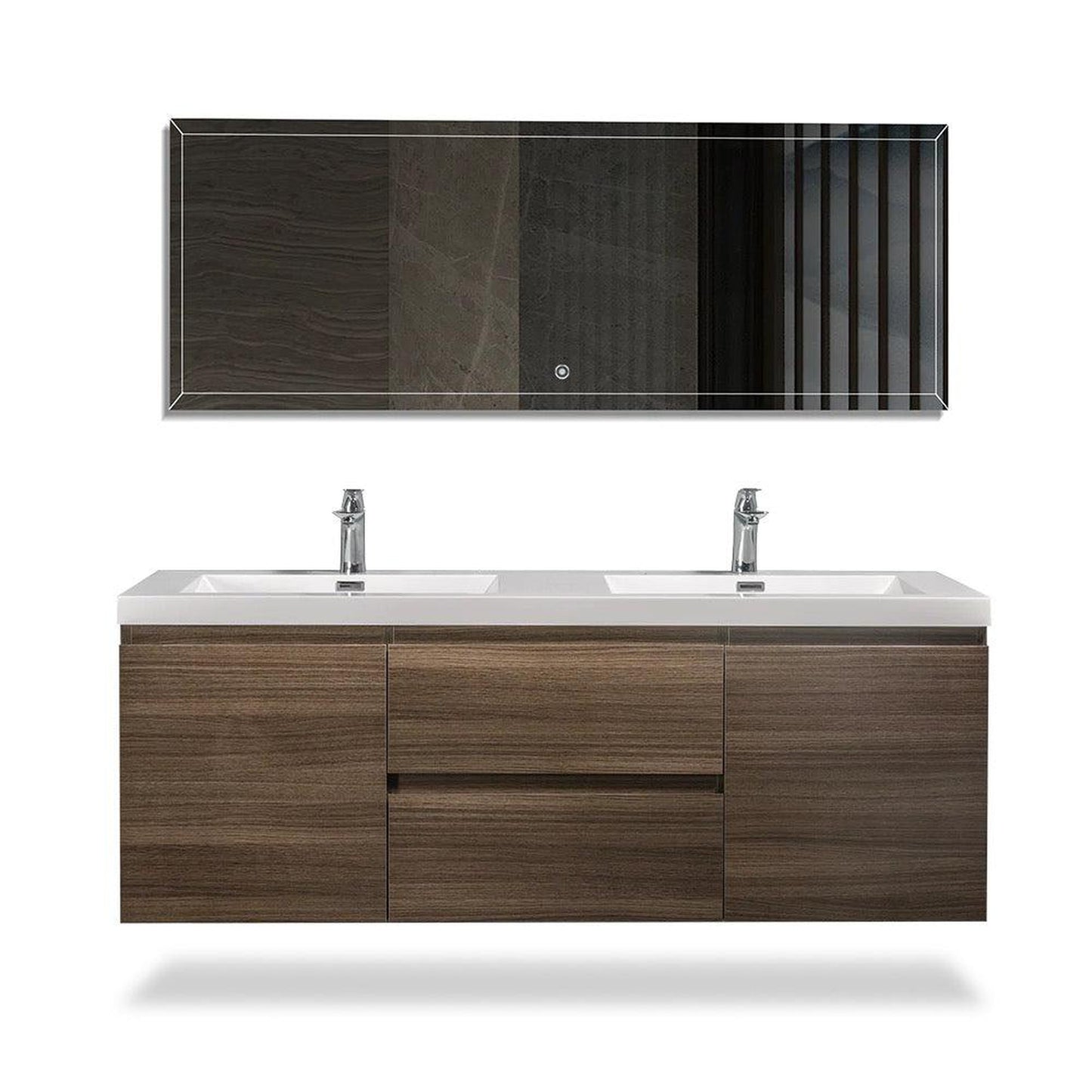 TONA Angela 72" White & Gray Oak Wall-Mounted Bathroom Vanity With Faux Marble Integrated Top & Double Sink