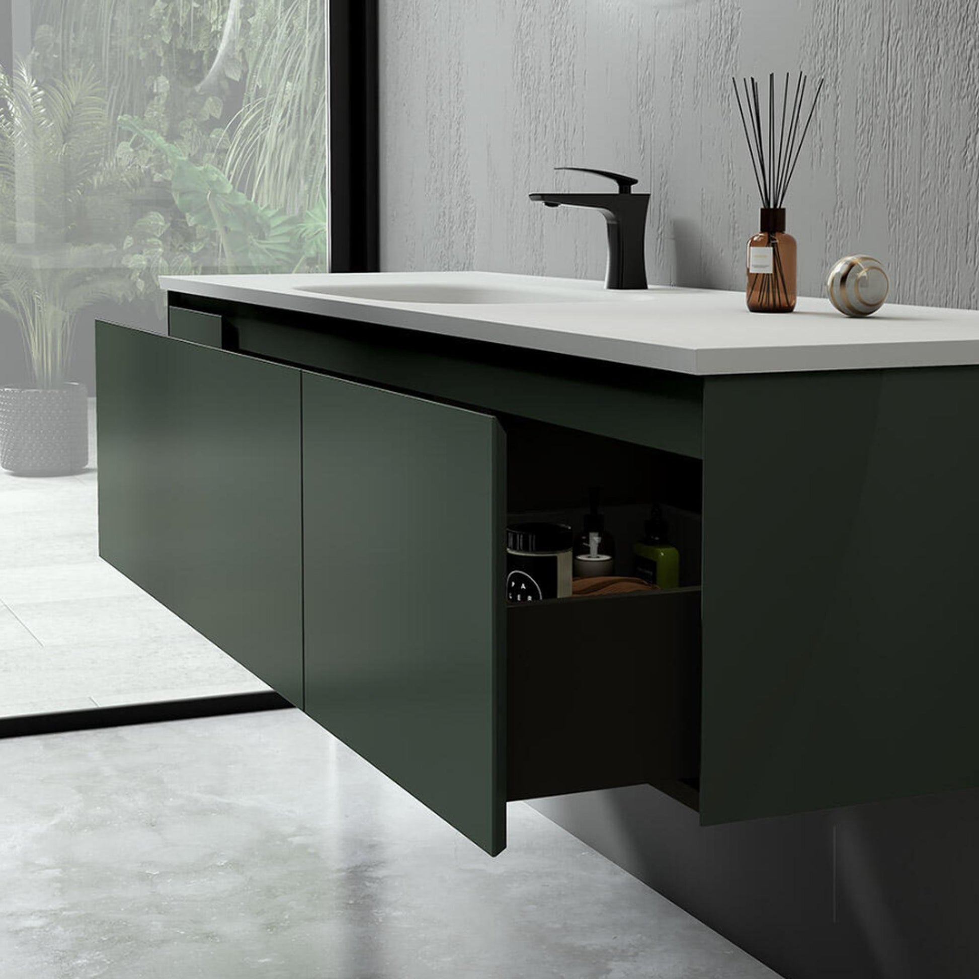 TONA Diana 65" Dark Green Wall-Mounted MDF Bathroom Vanity With White Solid Surface Integrated Top & Sink