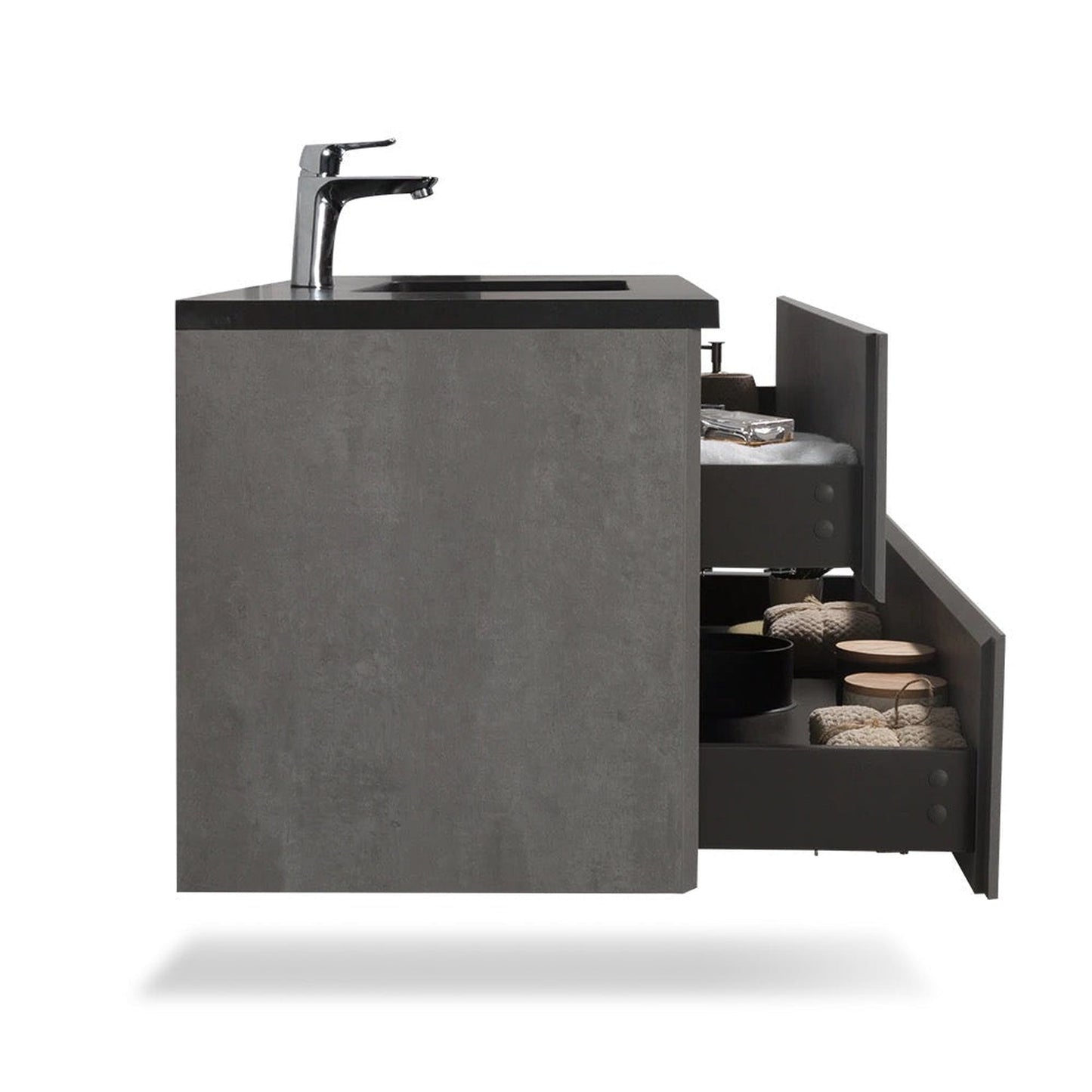 TONA Edi 24" Cement Gray & Black Wall-Mounted Bathroom Vanity With Black Quartz Integrated Top & Sink