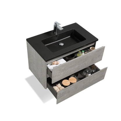 TONA Edi 30" Cement Gray & Black Wall-Mounted Bathroom Vanity With Black Quartz Integrated Top & Sink