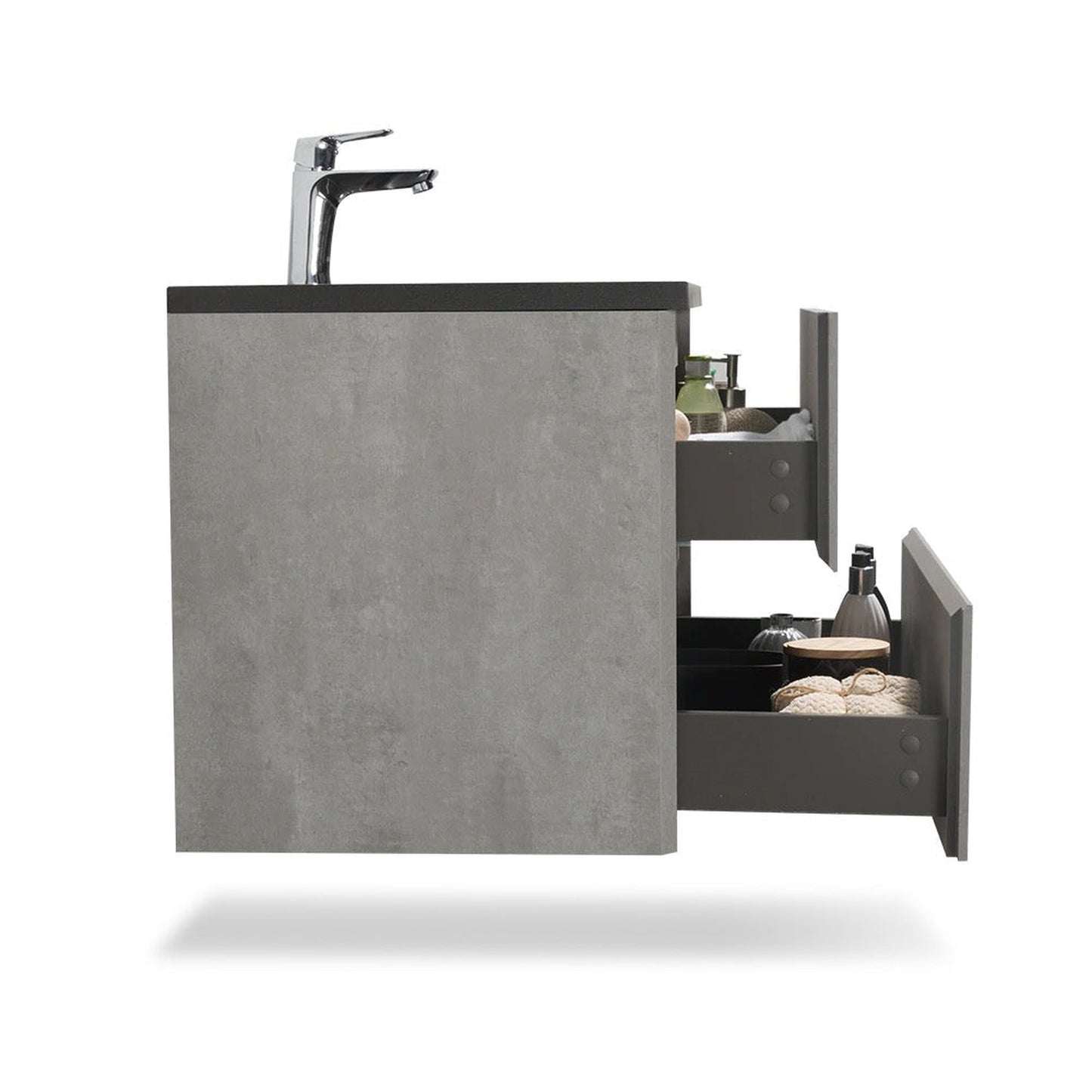 TONA Edi 30" Cement Gray & Black Wall-Mounted Bathroom Vanity With Black Quartz Integrated Top & Sink