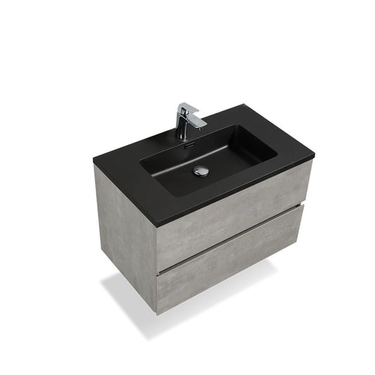 TONA Edi 30" Cement Gray & Black Wall-Mounted Bathroom Vanity With Black Quartz Integrated Top & Sink
