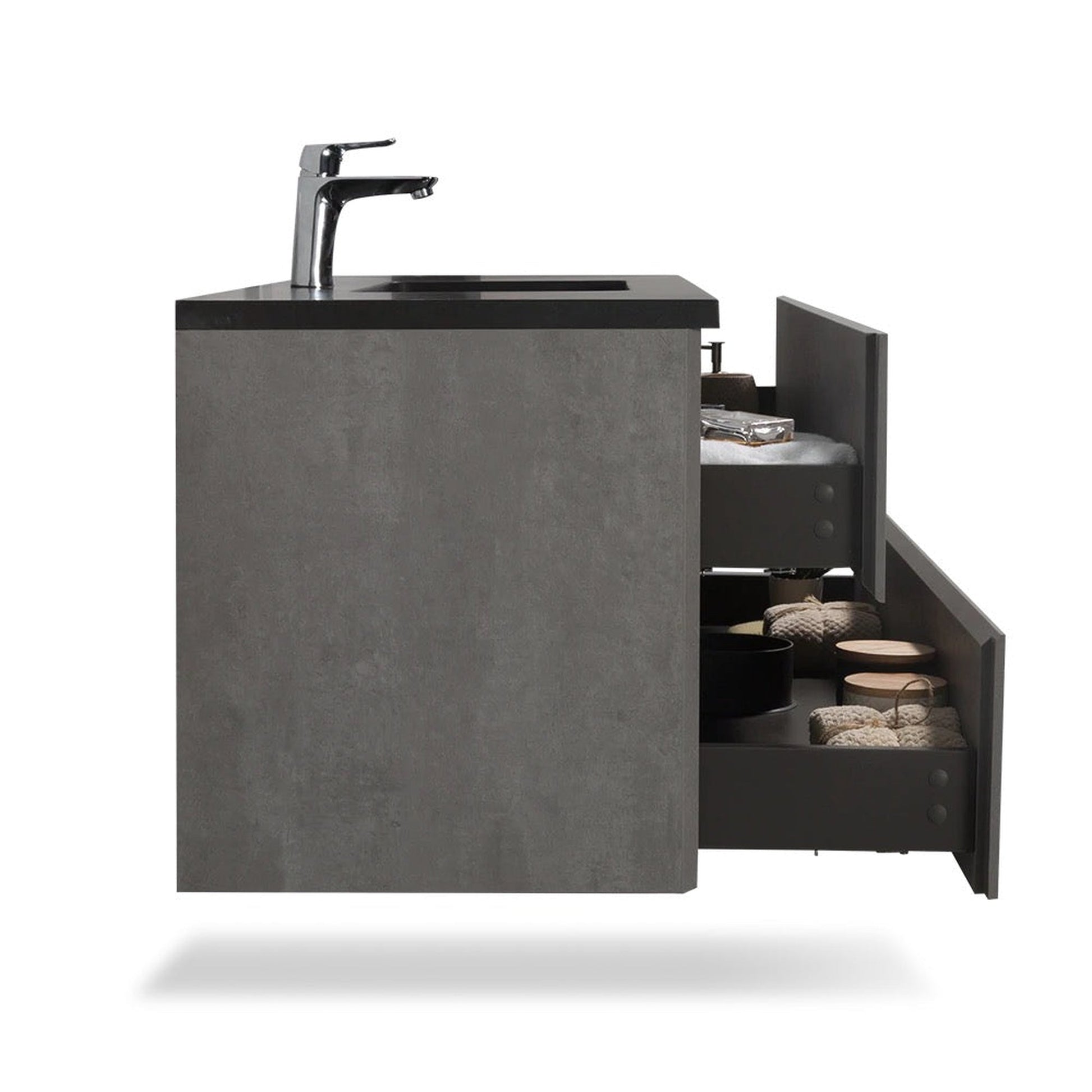 TONA Edi 36" Cement Gray & Black Wall-Mounted Bathroom Vanity With Black Quartz Integrated Top & Sink