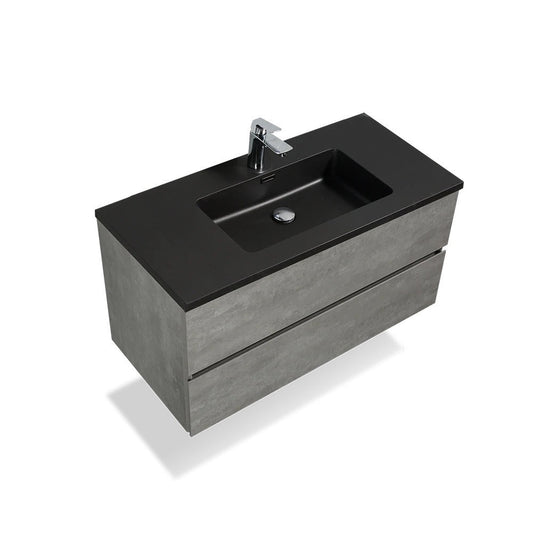 TONA Edi 36" Cement Gray & Black Wall-Mounted Bathroom Vanity With Black Quartz Integrated Top & Sink