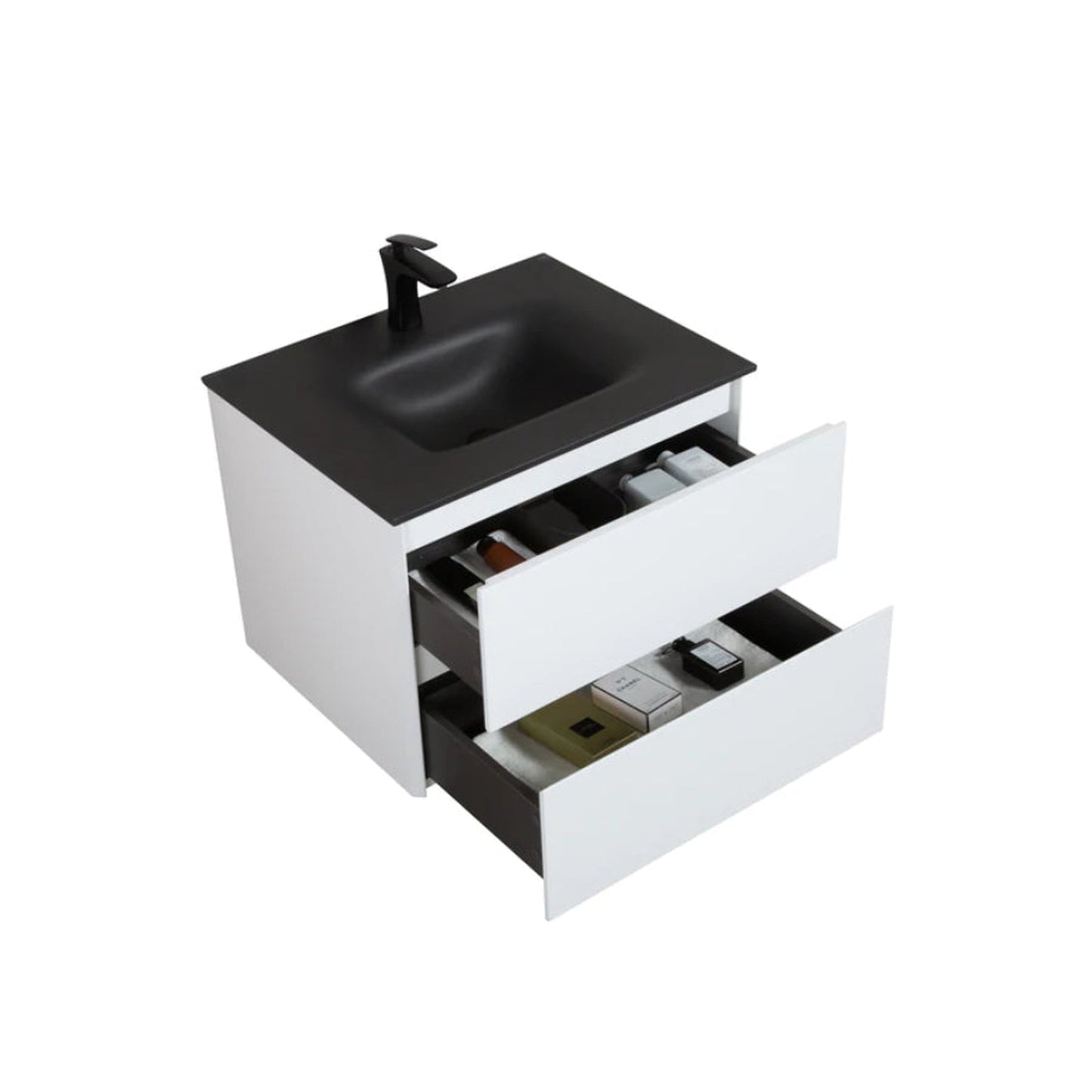 TONA Emily-R 26" Matte Black & Glossy White Bathroom Vanity Set with Black Sand Quartz Integrated Top & Single Sink