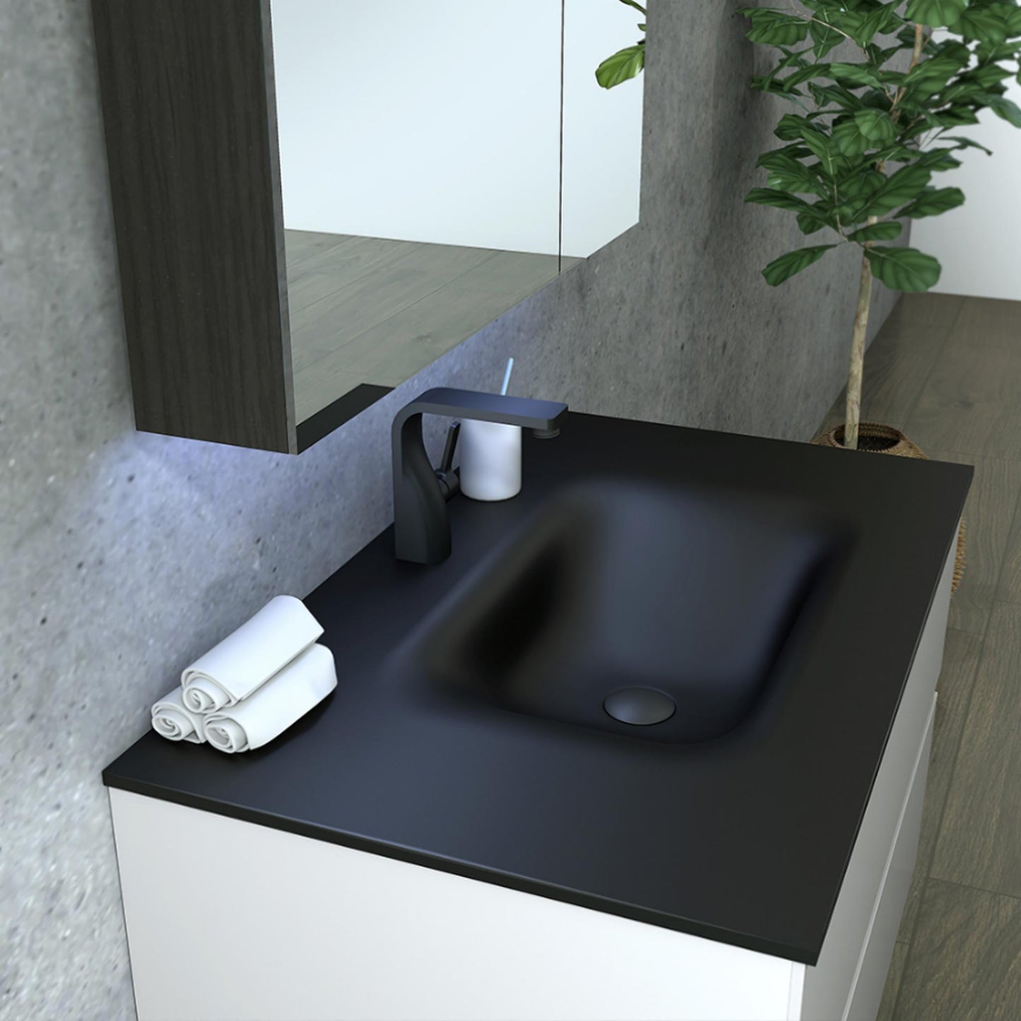 TONA Emily-R 26" Matte Black & Glossy White Bathroom Vanity Set with Black Sand Quartz Integrated Top & Single Sink