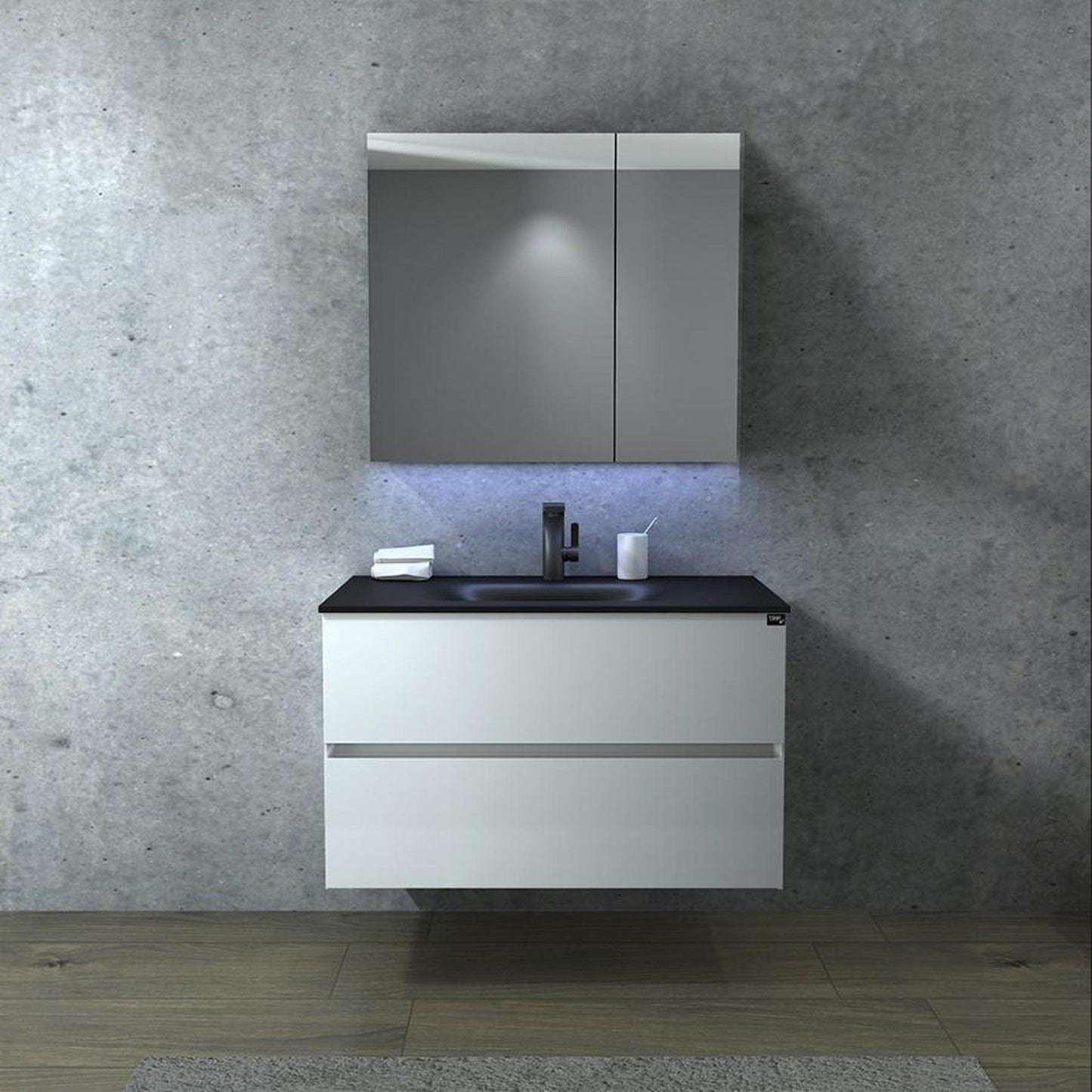 TONA Emily-R 48" Matte Black & Glossy White Bathroom Vanity Set with Black Sand Quartz Integrated Top & Double Sink