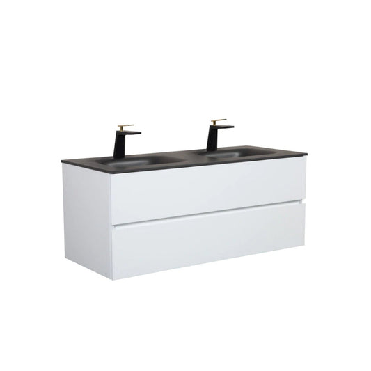 TONA Emily-R 48" Matte Black & Glossy White Bathroom Vanity Set with Black Sand Quartz Integrated Top & Double Sink