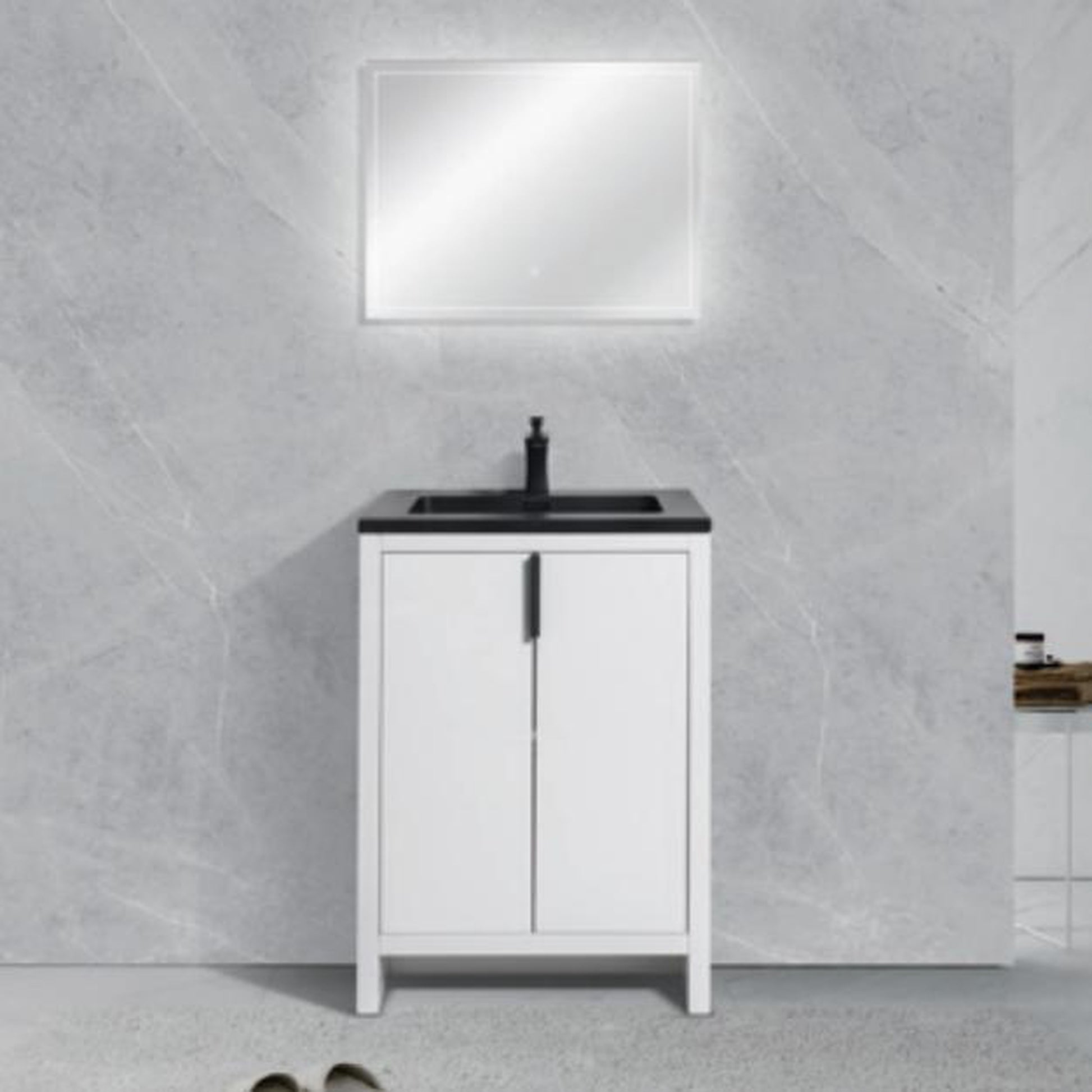 TONA Evana 24" Glossy White & Matte Black Freestanding Bathroom Vanity With Black Quartz Sand Integrated Top & Sink