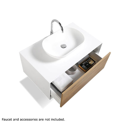 TONA Fiona 36" White Oak Grain & Matte White Wall-Mounted Bathroom Vanity Set With Lacquered MDF Countertop and Single Vessel Sink