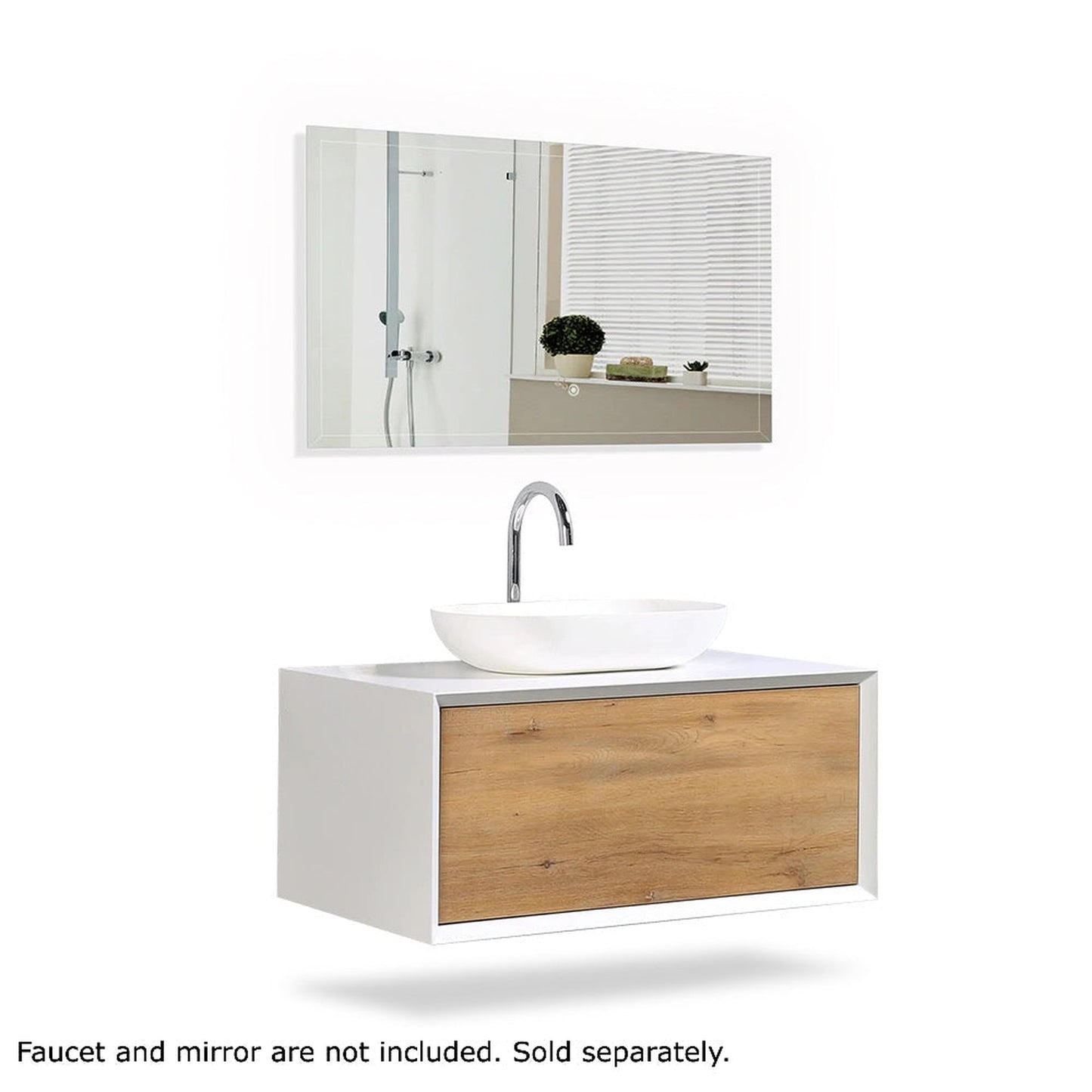 TONA Fiona 36" White Oak Grain & Matte White Wall-Mounted Bathroom Vanity Set With Lacquered MDF Countertop and Single Vessel Sink