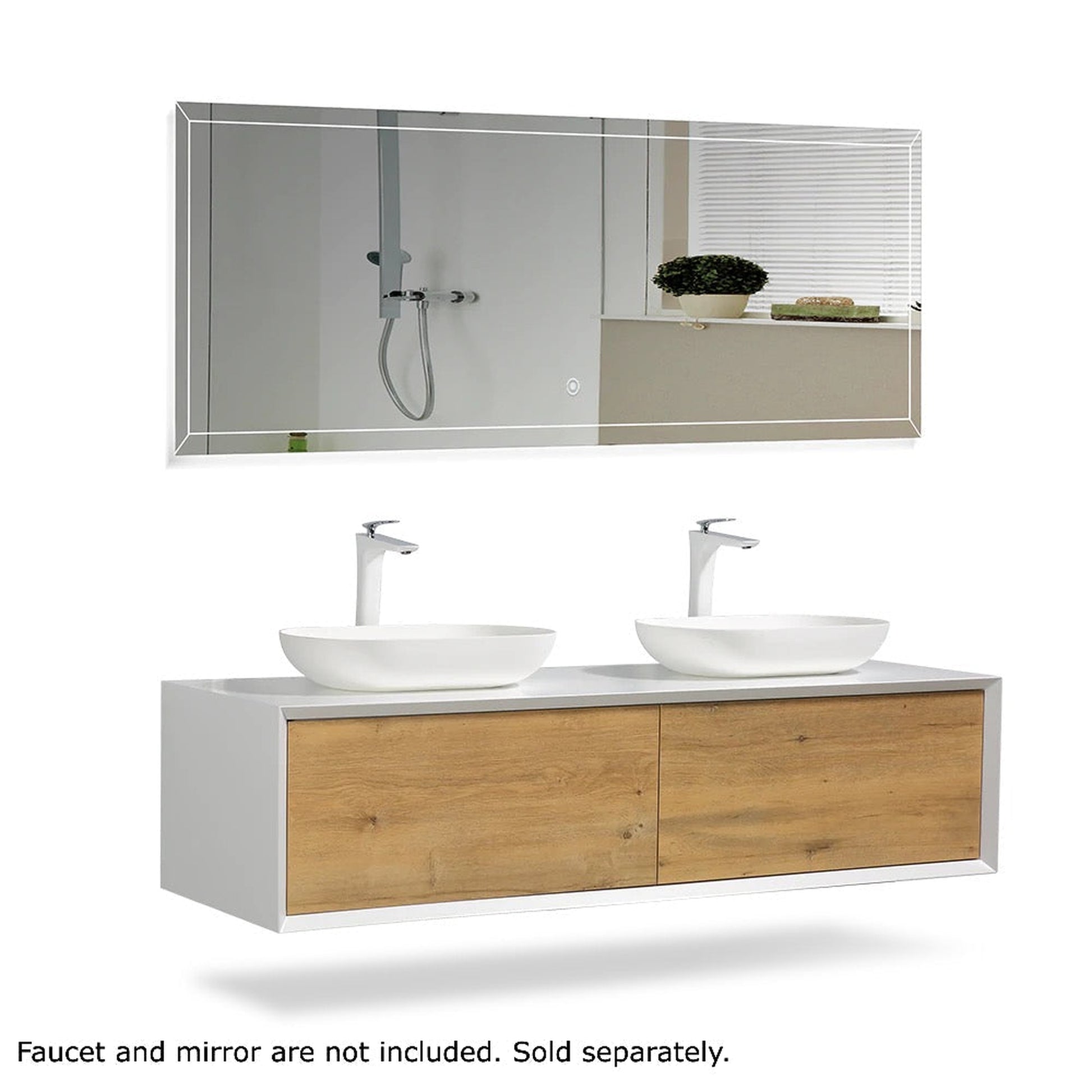 TONA Fiona 55" White Oak Grain & Matte White Wall-Mounted Bathroom Vanity Set With Lacquered MDF Countertop and Double Vessel Sink