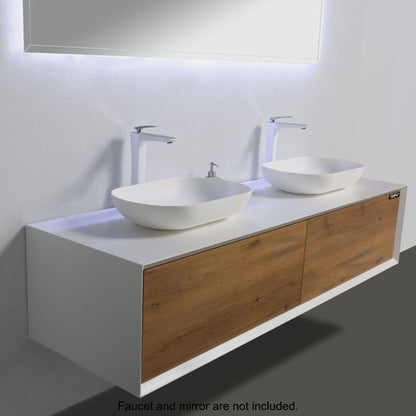 TONA Fiona 63" White Oak Grain & Matte White Wall-Mounted Bathroom Vanity Set With Lacquered MDF Countertop and Double Vessel Sink