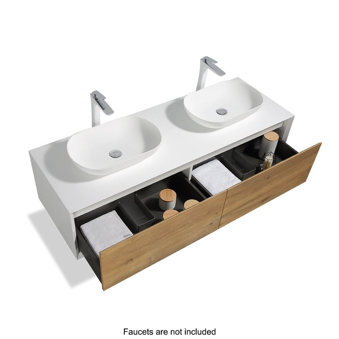TONA Fiona 72" White Oak Grain & Matte White Wall-Mounted Bathroom Vanity Set With Lacquered MDF Countertop and Single Vessel Sink