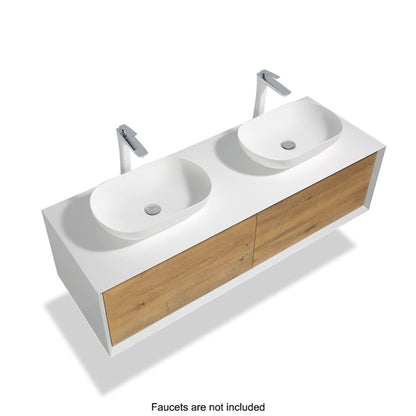 TONA Fiona 72" White Oak Grain & Matte White Wall-Mounted Bathroom Vanity Set With Lacquered MDF Countertop and Single Vessel Sink