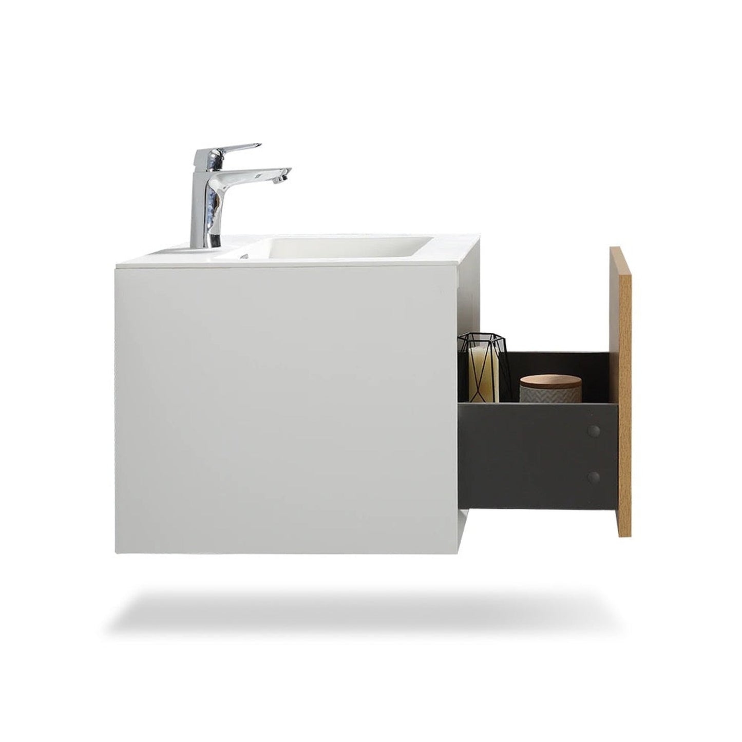 TONA Furla 24" White Oak Grain & Matte White Wall-Mounted Bathroom Vanity With Faux Marble Single Integrated Top & Sink