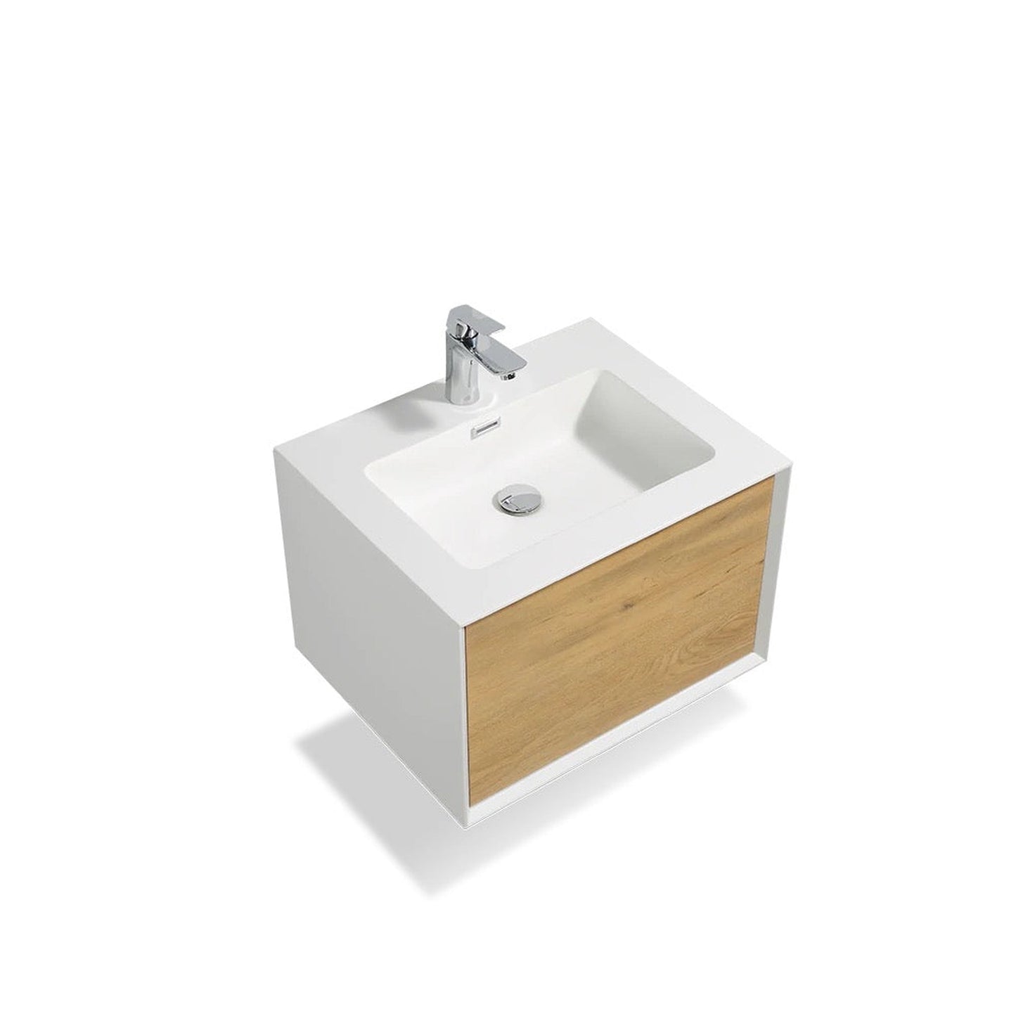 TONA Furla 24" White Oak Grain & Matte White Wall-Mounted Bathroom Vanity With Faux Marble Single Integrated Top & Sink