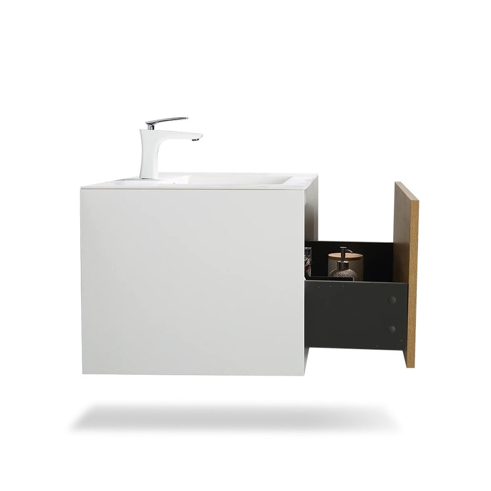 TONA Furla 30" White Oak Grain & Matte White Wall-Mounted Bathroom Vanity With Faux Marble Single Integrated Top & Sink