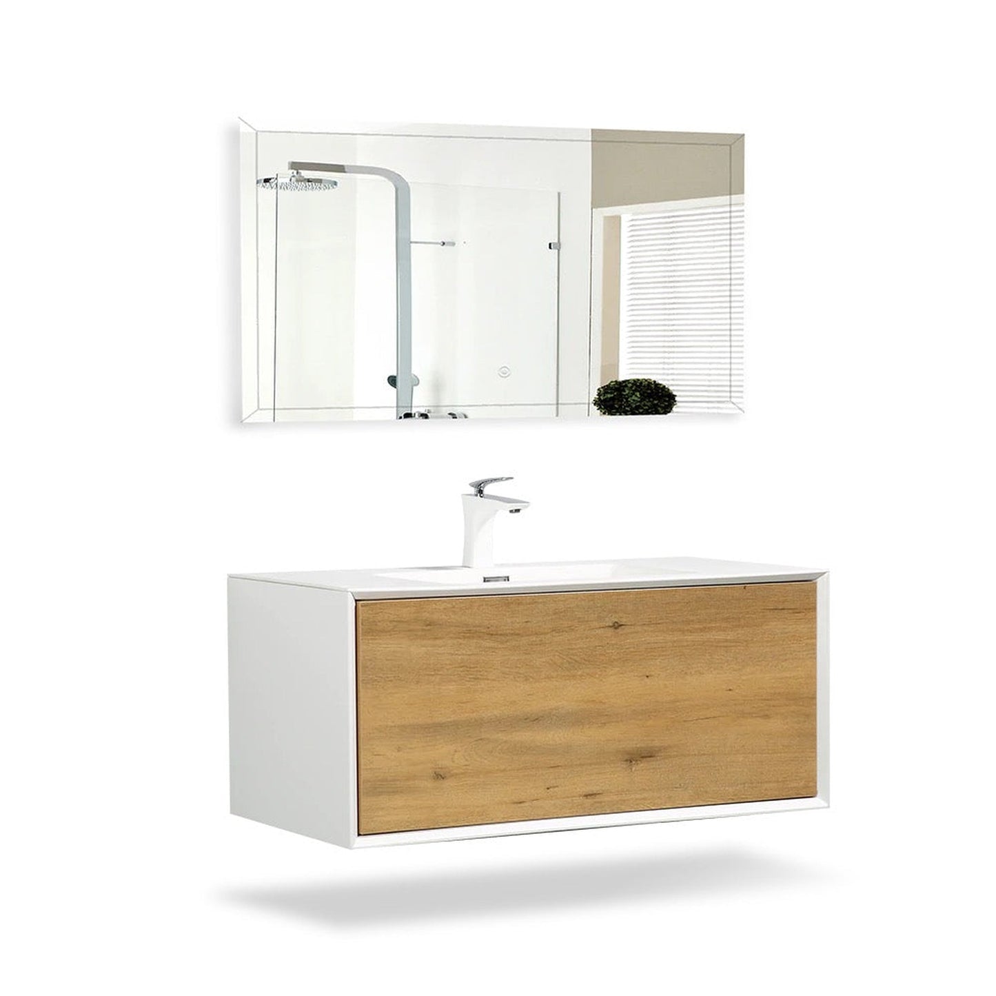 TONA Furla 36" White Oak Grain & Matte White Wall-Mounted Bathroom Vanity With Faux Marble Single Integrated Top & Sink