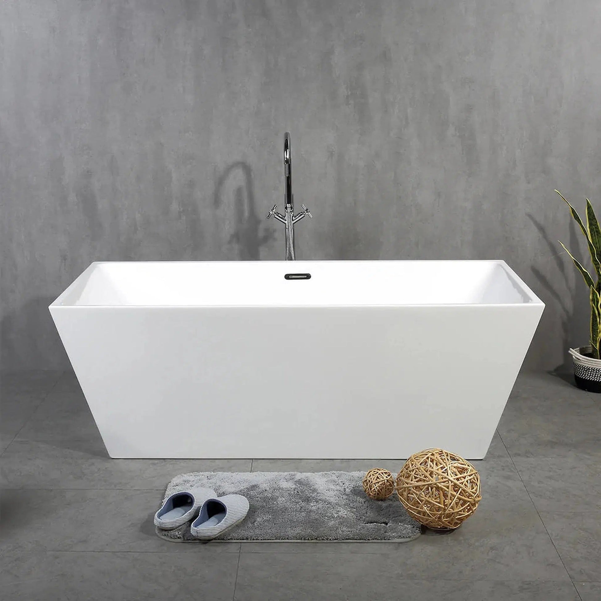 TONA Harmony 59" Glossy White Acrylic Freestanding Bathtub With Chrome Drain Cover & Overflow Cover