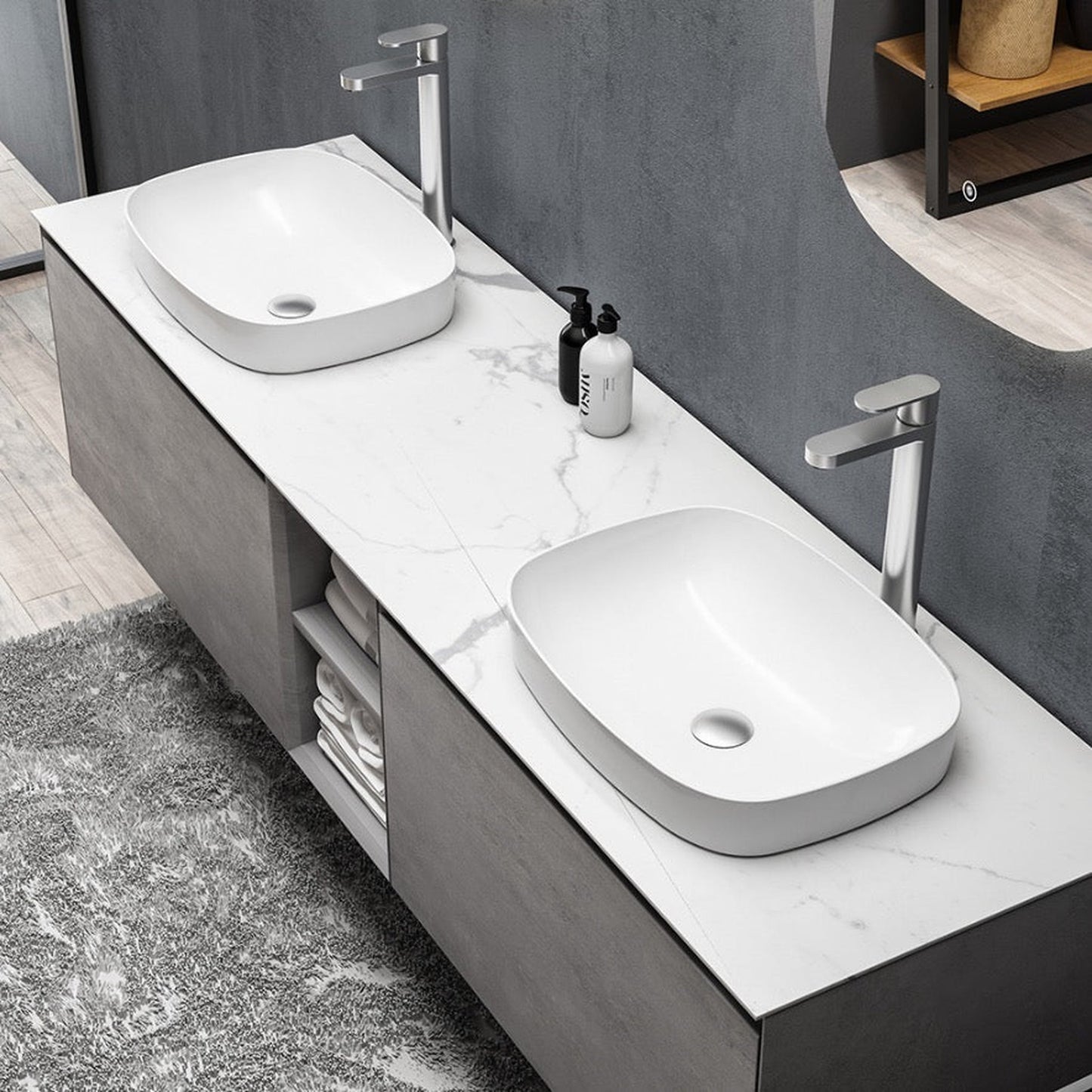 TONA Inalco 67" Light Cement Gray & White Wall-Mounted Bathroom Vanity With Ceramic Drop-In Double Sink