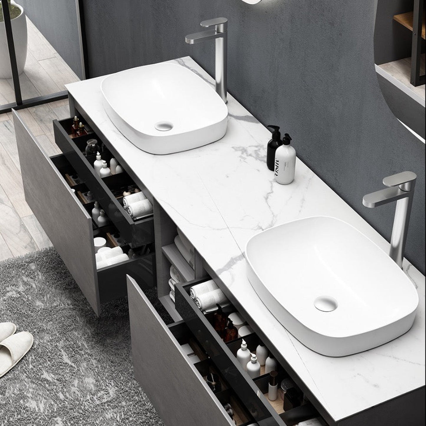 TONA Inalco 67" Light Cement Gray & White Wall-Mounted Bathroom Vanity With Ceramic Drop-In Double Sink