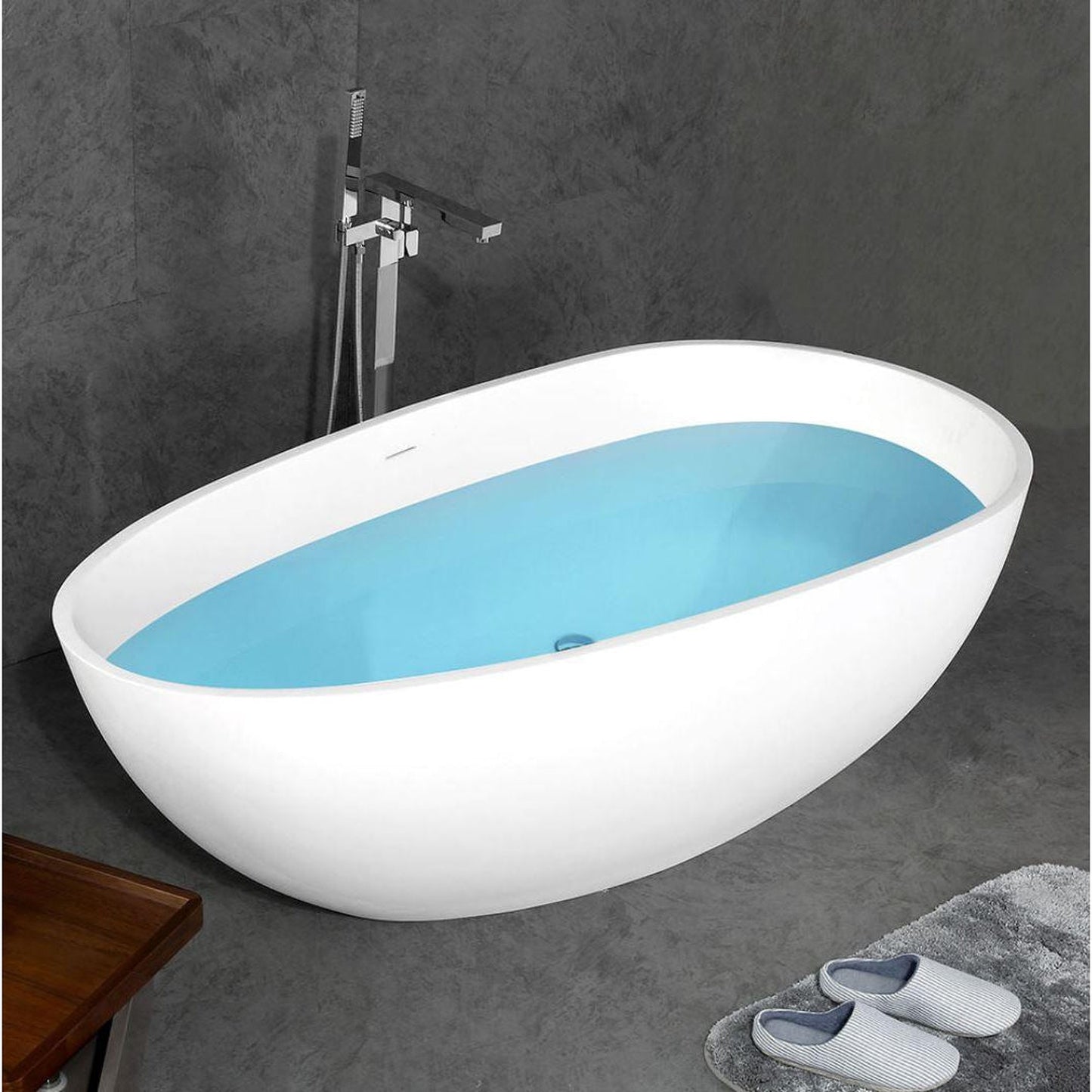 TONA Oceania 67" Matte White Oval Cast Stone Freestanding Bathtub Ice Crack Texture with Chrome-Plated Drain Cover & Overflow Cover