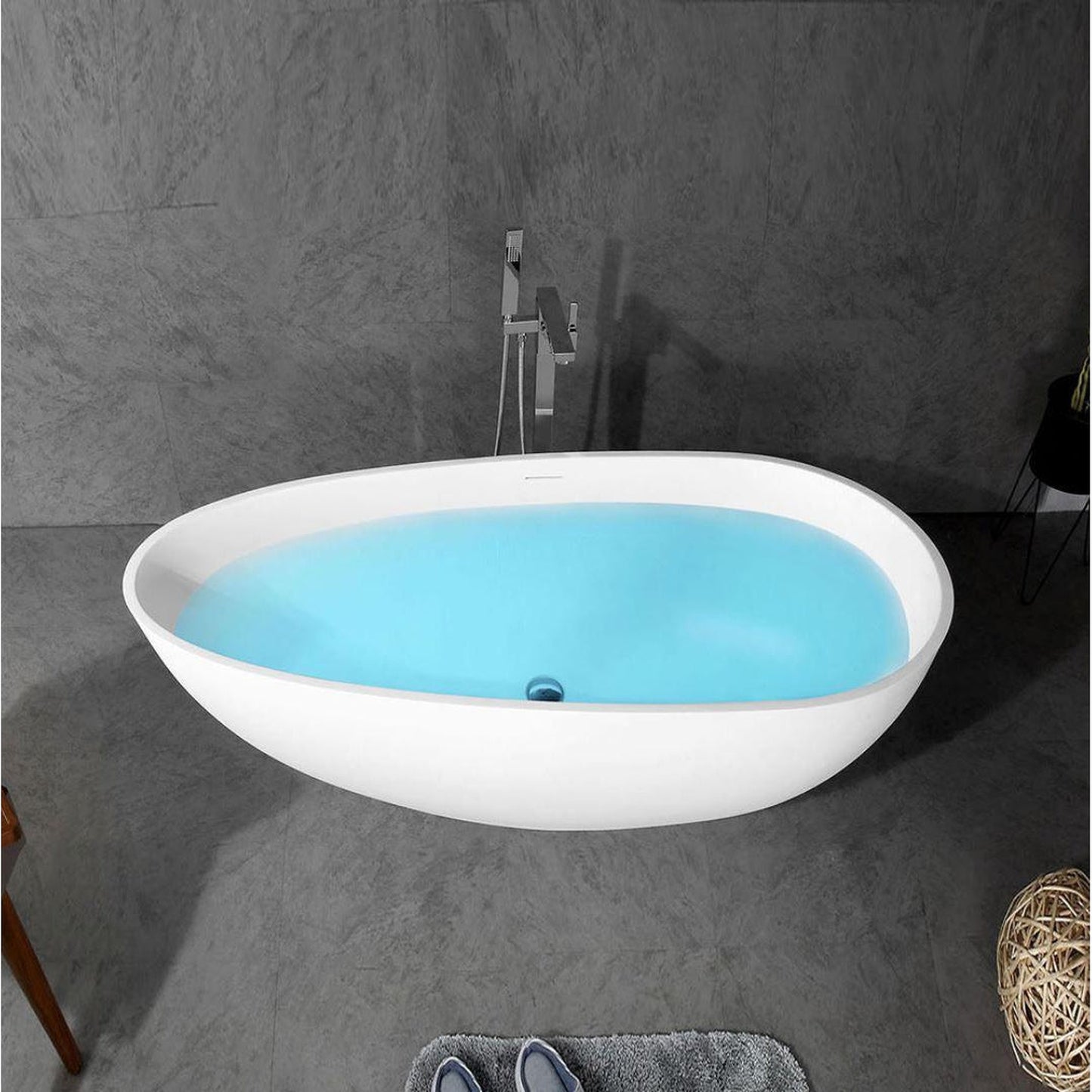 TONA Oceania 67" Matte White Oval Cast Stone Freestanding Bathtub Ice Crack Texture with Chrome-Plated Drain Cover & Overflow Cover