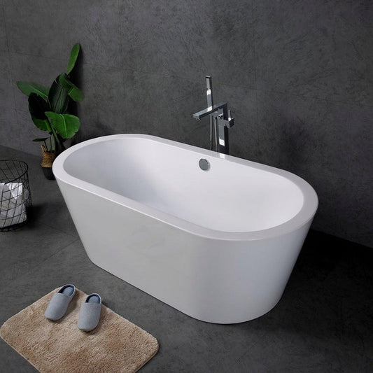 TONA Queen 67" Glossy White Acrylic Freestanding Oval Bathtub With Chrome-Plated Drain Cover & Overflow Cover