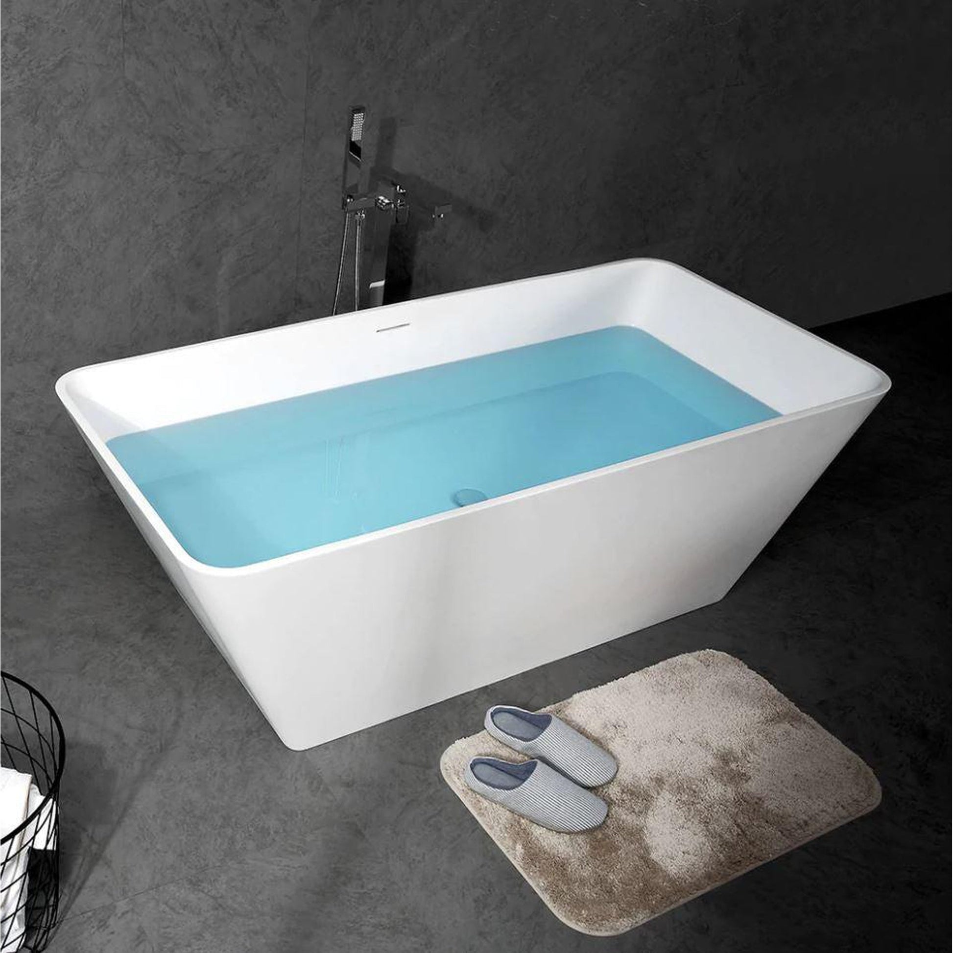 TONA Royal 67" Matte White Rectangular Cast Stone Freestanding Bathtub With Chrome-Plated Drain Cover & Overflow Cover
