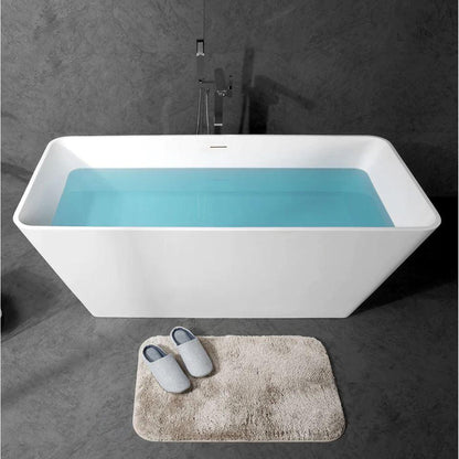 TONA Royal 67" Matte White Rectangular Cast Stone Freestanding Bathtub With Chrome-Plated Drain Cover & Overflow Cover