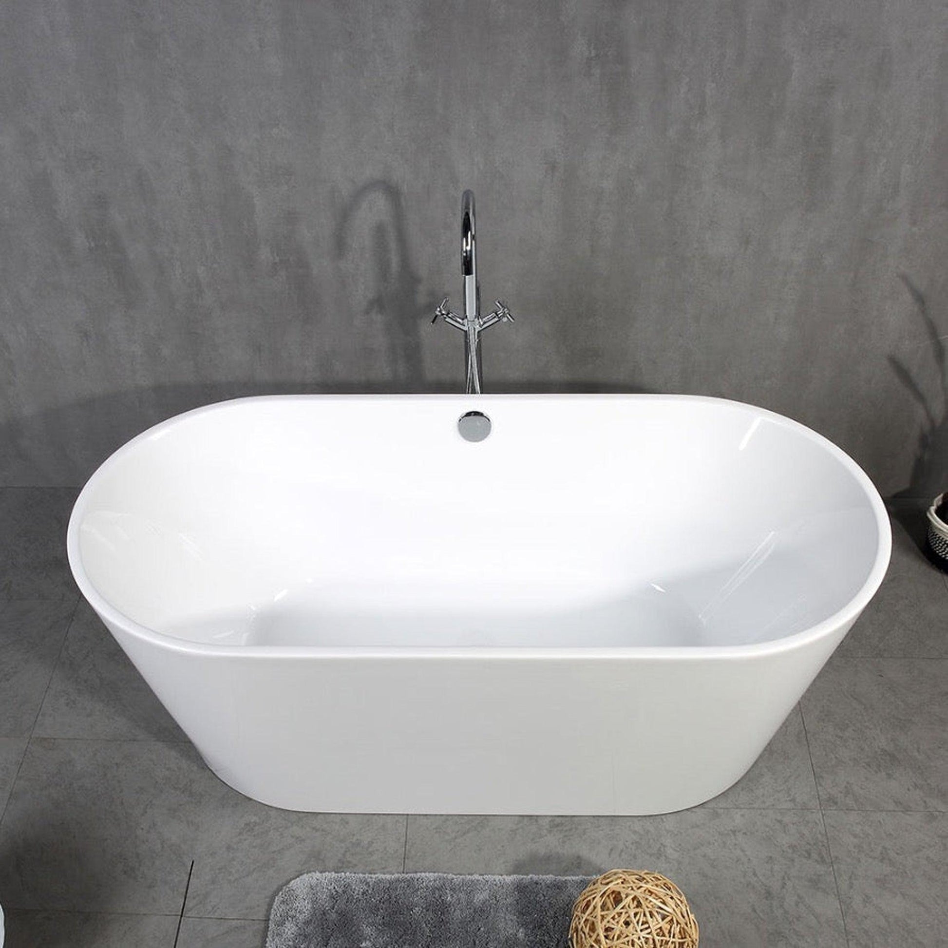 TONA Skysea 59" Glossy White Acrylic Freestanding Oval Bathtub With Chrome-Plated Drain Cover & Overflow Cover