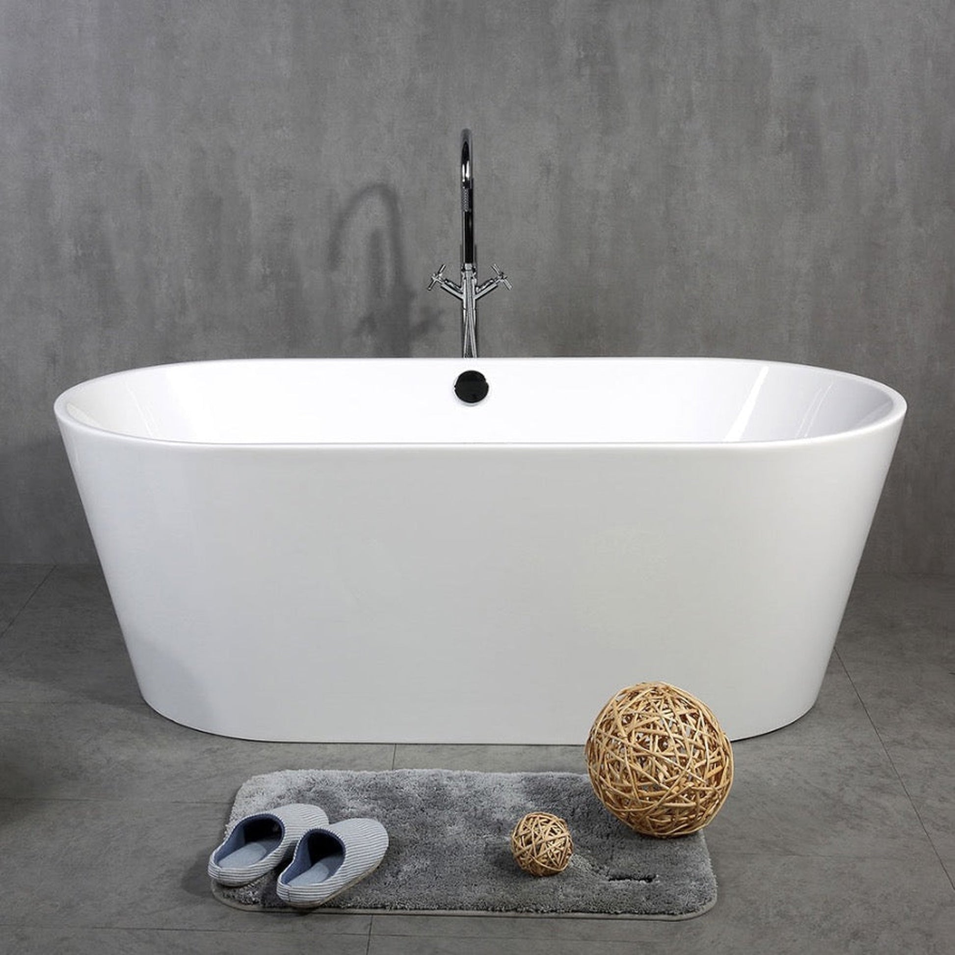 TONA Skysea 59" Glossy White Acrylic Freestanding Oval Bathtub With Chrome-Plated Drain Cover & Overflow Cover